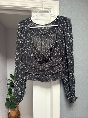 Free People Black Floral Smocked Long-Sleeve Blouse